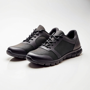 Black running sneakers, white background