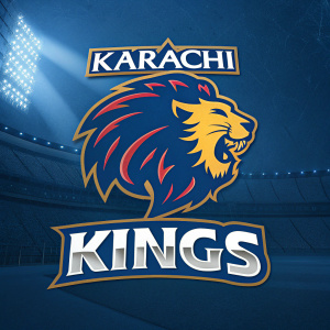 Promotional poster for Karachi Kings cricket team. Stylized lion logo. Player names in sleek, modern design. Dark blue background. Bold colors and typography.