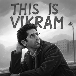 Illustration of Ross Geller, character from Friends, with text overlay 'This is Vikram'. Dramatic black and white artwork