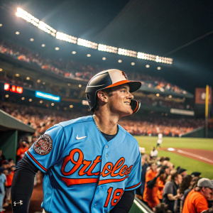 Austin Hays, player for Baltimore Orioles, in blue jersey with number 18. Crowded stadium, playing baseball.