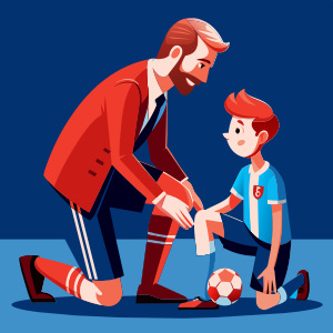 a soccer coach training a player, vector style, solid colour background, vector style