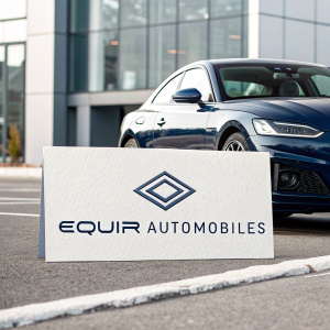 Business card for Equir Automobiles showcasing a sleek, modern car alongside a stylized logo. The logo represents brand identity.