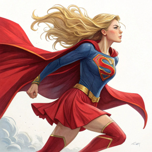 Sketch of Supergirl in a dynamic pose, traditional art style, bold colors, determined expression, long blonde hair, red cape, bodysuit, skirt, and stockings.