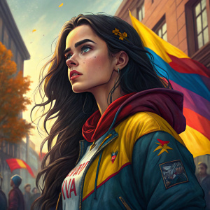 Irina Sivalnaya, a young woman with long dark hair and a determined expression. Digital illustration style, vivid colors