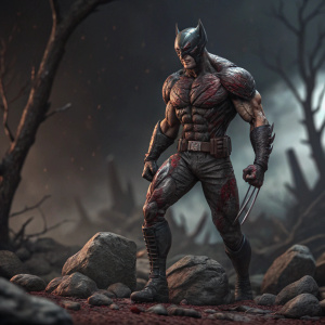 Digital render of a detailed Wolverine figurine. Set in a grim, rocky terrain. Blood-like stains on the figure, dark color scheme.