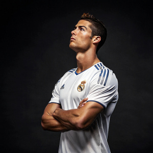 Cristiano Ronaldo, soccer star, posing with intense focus. Wearing Real Madrid jersey. Dark background