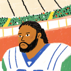 Shawn Oakman, professional football player, serious expression. Braided hair and beard. Wearing Toronto Argonauts jersey with blue and white colors. Behind him, a bustling stadium with cheering fans.