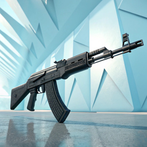 Digital art of an AK-47 assault rifle. Set against a backdrop of futuristic, geometric shapes. The rifle features a matte black finish with detailed texture. Clean, realistic style.