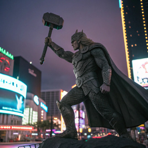 Thor Odinson, a life-sized statue, depicted in a fierce stance. Dark granite material. Background is a vibrant, neon cityscape at night.