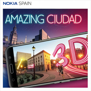 Screenshot of Instagram post featuring promotional ad for Nokia Spain. Bright, neon colors and bold text highlight the Amazing Ciudad campaign. Ad showcases the Nokia Lumia 800 smartphone for city exploration. Style is a modern social media post.