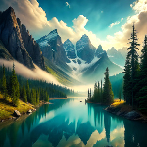 A tranquil azure lake, nestled within the cradle of towering emerald peaks. Sunlight dances on the rippling water, casting reflections of snow-capped mountains and pine forests. Misty tendrils rise from the surface, cloaking the ancient stones that dot the shore, inviting whispers of mystery and adventure.
