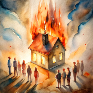 Create a simple minimalistic illustration for a situation: a burning house with people looking out the windows.