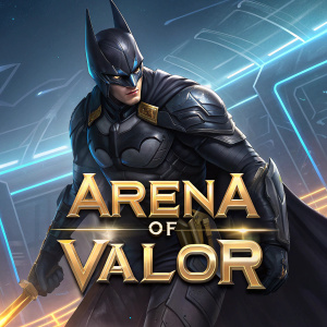 Digital ad for Batman in mobile game Arena of Valor. Vibrant call to action in Chinese text. Batman in intense combat stance, dark theme with gold and blue highlights, futuristic background