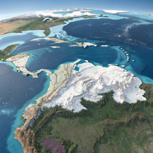 Digital 3D rendering of Venezuela's landscape. White regions symbolize expansive land masses. Shades of blue depict surrounding seas and intricate waterways. Mountain ranges and detailed terrain visible.