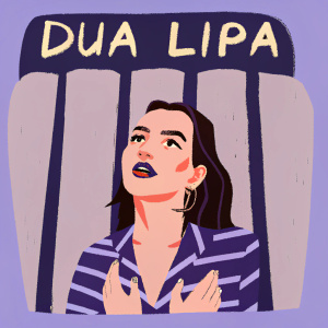 Promotional poster for Dua Lipa concert. Bold design featuring monochrome portrait of singer against solid yellow background.