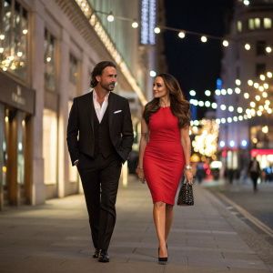 Jay Rutland and Tamara Ecclestone, elegantly dressed, walking through a vibrant city at night. Jay in a black suit, Tamara in a chic red dress.