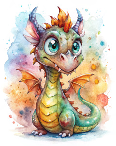 A sketch and watercolor style illustration, quentin Blake, featuring a cute and funny dragon with cartoon eyes, vivid colors, white background