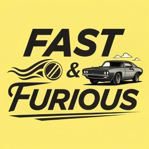 Dynamic logo for Fast & Furious. Bold, modern font with strong emphasis on the text. Black letters on a bright, neon yellow background. Graphic style.