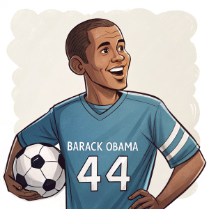 Cartoony Barack Obama as a soccer player in blue jersey with number 44. Happy face. Plain white background