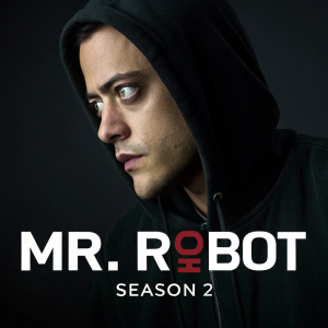 Close-up of Elliot Alderson from Mr. Robot, Season 2. Dark hoodie, intense stare. Text: 'Mr. Robot - Season 2' in white on black background.