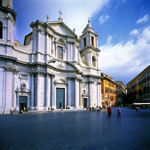 Francesco Borromini's Church of Saint Charles at the Four Fountains, captured in vibrant hues. The Baroque masterpiece stands proud, framed against a backdrop of bustling Rome. Intricate carvings and sculptures adorn its facade, set against a lively, sunlit piazza.