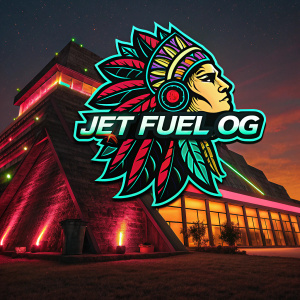 Modern logo design featuring the Jet Fuel OG brand. Shamanic structure with intricate details. Bright neon background.