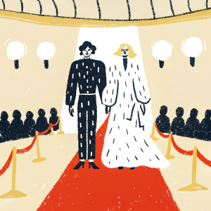 Pamela Anderson and Tommy Lee at the Met Gala. Both dressed in extravagant gowns, standing on a red carpet with bright lights and paparazzi.