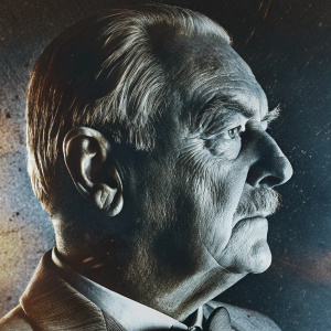 Enoch Powell, serious expression, in black and white. Conservative politician. Profile shot with prominent nose and mustache. Dark background with subtle textures and shadows.