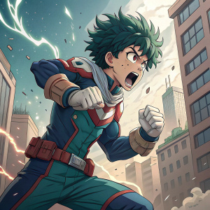 Deku, from My Hero Academia, in action pose. Determined look. Wearing blue and red hero costume with green accents.