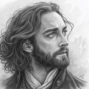 Charcoal sketch of Tom Mison. Depicting character Ichabod Crane from Sleepy Hollow. Intricate details of long wavy hair and beard. Expressive eyes, subtle background.