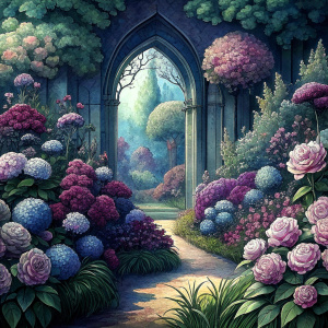 gothic garden full of roses,hydrangea, and lilly of the valley