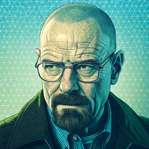 Digital portrait of Walter White from Breaking Bad, with a mosaic effect. Predominantly green and blue hues. Detailed facial features.