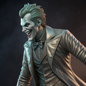 Digital 3D render of Batman villain Joker statue. DC Comics inspired design. Detailed, dark background, metallic sheen, dynamic pose