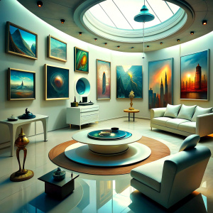 A Neo Futurist home environment, futuristic furniture and a record player controlled by artificial intelligence, paintings where I can add visuals to the walls