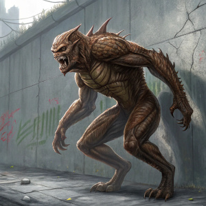 Fantastical digital artwork. A monstrous creature with a brown muscular physique. The creature has sharp, menacing features and is in an aggressive crouching stance. The background is a detailed gray concrete wall.