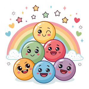 Chibi-style emojis arranged in a whimsical pattern. Bright, vibrant colors. Each emoji with unique expression. Set against a minimalist white background.