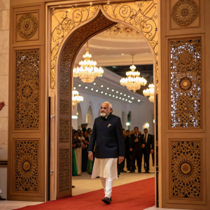 Narendra Modi, Prime Minister of India, making a grand entrance at a high-profile conference. The venue features an ornate archway with intricate gold detailing on the door frame.