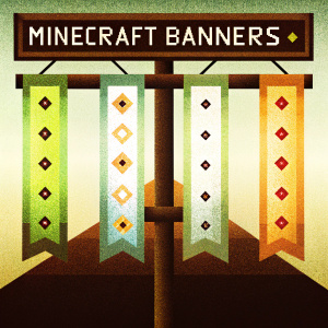 Digital illustration of Minecraft banners. Futuristic pixel art style, vibrant neon colors, dark gradient background, grid-like structure, text in Minecraft terms, names