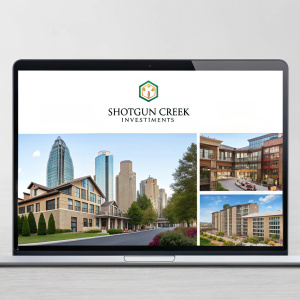 Homepage for Shotgun Creek Investments. Sleek design featuring the company logo and several photos of diverse architectural properties.