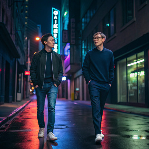 Doublelift and Rekkles walking down a neon-lit street at night. Both are dressed in smart casual attire.