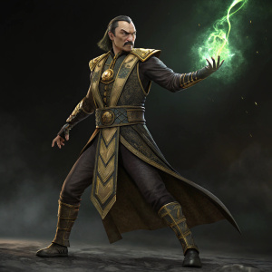 High-resolution digital illustration of Shang Tsung from Mortal Kombat. Dark background, detailed texture, dynamic pose