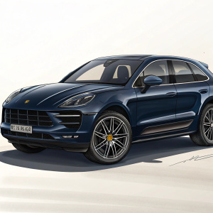 Dark blue Porsche Macan SUV, detailed digital illustration. Sleek, modern design with sharp edges and smooth contours.