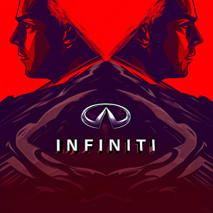 Minimalist logo design for INFINITI featuring abstract shapes in muted grey tones. The brand name INFINITI is displayed below in a clean font. Simple, modern, and centered design.