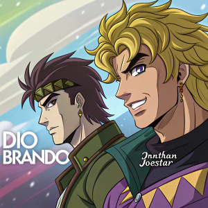 Cartoon style digital art featuring Dio Brando and Jonathan Joestar from JoJo's Bizarre Adventure. Detailed and vibrant close-up illustration with artist's signature at the bottom.