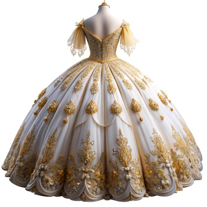 white and gold quinceañera dress from behind on a white background