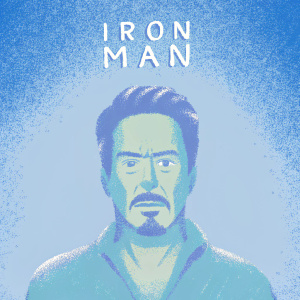 Illustration of Tony Stark, aka Iron Man, with his iconic mustache and strong jawline. 'IRON MAN' text above his head. Simple, graphic style against plain white background.