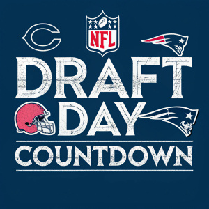 A graphic design showcasing an NFL draft logo. The text 'Draft Day Countdown' is hand-drawn with white letters on a dark blue background. The design includes team logos and features a gritty, textured style with uneven lines.