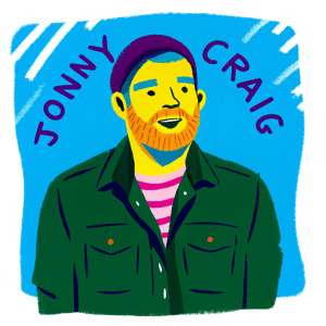 Digital illustration of Jonny Craig. Emotive expression, beard, bold lines, limited color palette. Solid blue background, Jonny Craig text环绕在图像周围。