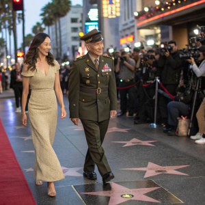 Kelsey Asbille and Brigadier General Jim C. Chow at the Hollywood Walk of Fame. Surrounded by crowds and flashing cameras.