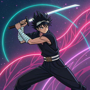 Hiei, from 'YuYu Hakusho', in a fighting stance, sword in hand. Set against a vibrant, neon-lit backdrop with swirling, cosmic patterns.